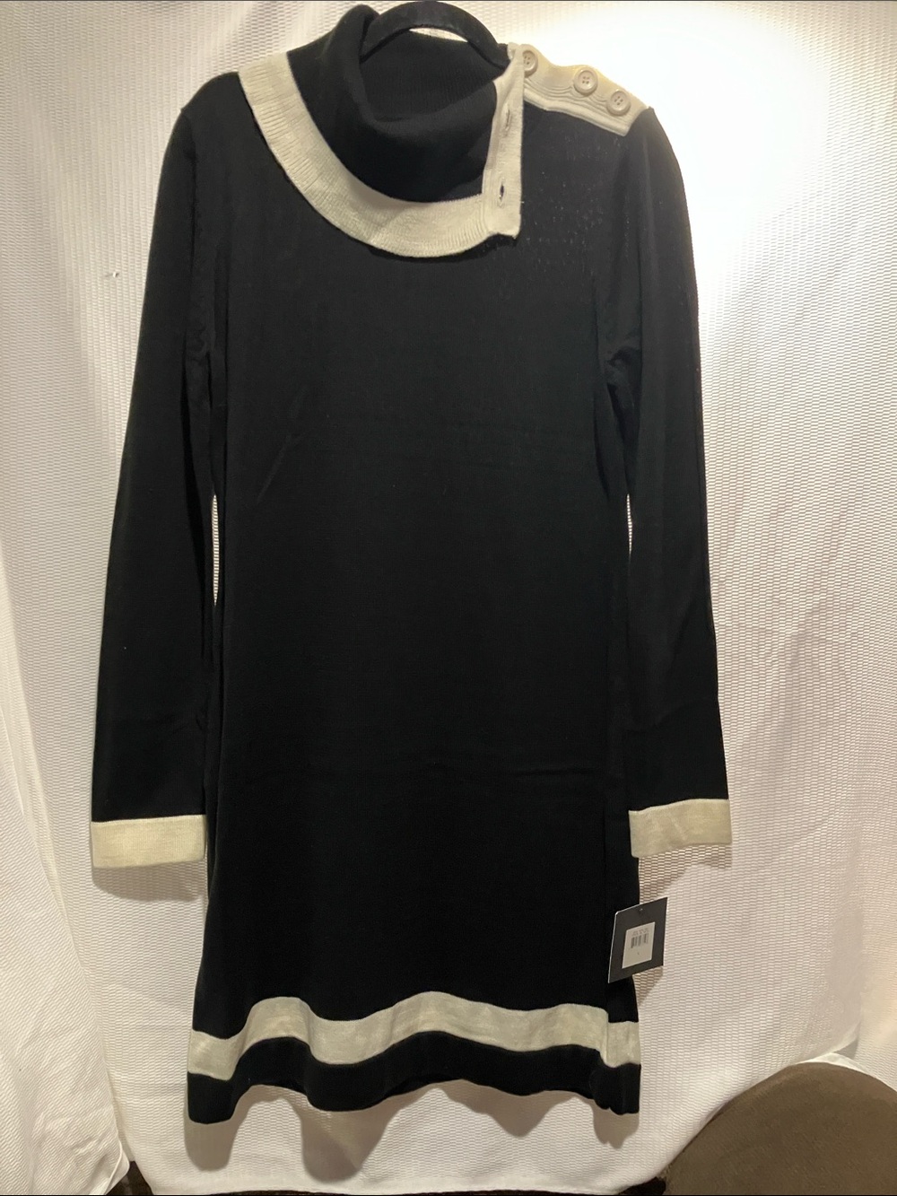 Ellen Tracy Black Knit Dress with Cream Trim
